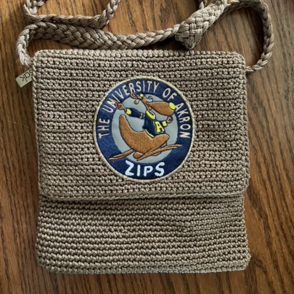 Zippy The Happy Roo of Akron U on flap of SAK Crochet mini crossbody purse NWOT